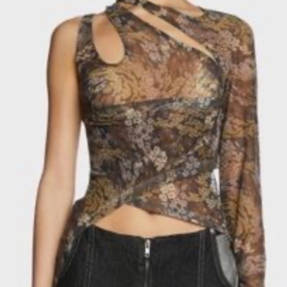 Asymmetrical Brown and Tan Cut-Out Blouse